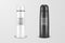 Vector realistic 3d white and black empty glossy metal vacuum thermo tumbler flask icon set closeup on white background