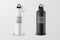 Vector realistic 3d white and black empty glossy metal water bottle with black bung icon set closeup on white background