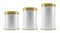 Vector realistic 3d white blank metal aluminium tin can containers with gold cap different size - small, medium and big