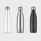 Vector Realistic 3d White, Silver and Black Empty Glossy Metal Reusable Water Bottle with Silver Bung Set Closeup on
