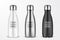 Vector Realistic 3d White, Silver and Black Empty Glossy Metal Reusable Water Bottle with Silver Bung Set Closeup