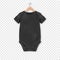 Vector Realistic Black Blank Baby Bodysuit Template, Mock-up Hanging on a Hanger Closeup on Transparent
