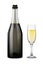 Vector Realistic black with silver open Champagne bottle and glasses with sparkling white wine isolated on white