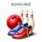 Vector realistic bowling ball shoes skittle pins