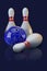 Vector realistic bowling ball and three pins with mirror reflection.