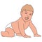 Vector realistic drawn baby on white. Cute laughing little baby boy dressed in white diaper, creeps