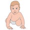 Vector realistic drawn baby on white. Cute little baby boy dressed in white diaper, creeps