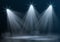 Vector realistic empty illuminated stage with three spotlights and mist on dark blue background