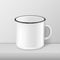 Vector realistic enamel metal white mug closeup standing on white table. Design template, mockup for branding and