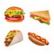 Vector Realistic fast Food Set. Burger,Hot Dog, Sandwich,Taco. Isolated On White background.