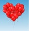 Vector realistic group of red shiny balloons in shape of heart flying on blue sky