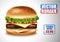 Vector Realistic Hamburger. Classic Burger American Cheeseburger with Lettuce Tomato Onion Cheese Beef on white Background