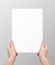 Vector realistic hands holding blank paper page isolated on grey background
