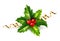 Vector realistic holly Christmas ornament, green leaves and red berries with golden serpentine ribbon isolated on white