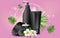 Vector realistic illustration with black blank of a bottle for cream and gel. Tropical Hawaiian flowers frangipani. Banner for