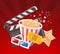 Vector realistic illustration of cinema glasses, clapper, popcorn