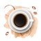 Vector realistic illustration of coffee cup with watercolor coffee beans, blots and splashes. Top view of realistic beverage