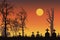 Vector realistic illustration of a haunted cemetery with tombstones, cross and trees without leaves under a dramatic orange sky w