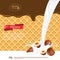 Vector realistic illustration of milk splash with hazelnuts. Chocolate melting with wafers background. Ready design for