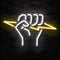 Vector realistic isolated neon sign of fist holding a lightning logo for template decoration and covering on the wall background.