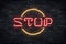 Vector realistic isolated neon sign of Stop logo for template decoration