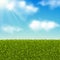 Vector realistic landscape. Green grass field or meadow and blue sky with clouds. Summer or spring background