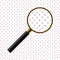 Vector Realistic Magnifier. Isolated Gold Metal Magnifying Glass With Black Handle Enlarging Dot Pattern. Zoom Tool