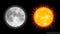 Vector realistic moon and sun on dark background.