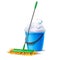 Vector realistic mop blue bucket with soapy foam