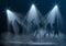 Vector realistic music club scene with spotlights, smoke and silhouettes of dancing young people