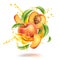 Vector realistic peach leaf slice juice splash