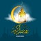 Vector Realistic Ramadan lantern Fanus with star sparkle and realistic clouds and Ramadan Kareem calligraphy.