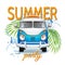 Vector realistic retro blue bus with surfboard