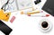 Vector realistic top view workspace with stationery supplies, coffee, smartphone and notebooks with space for your text -