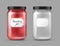 Vector realistic transparent glass jar - empty and filled with strawberry jam isolated on grey background