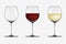 Vector realistic wineglass icon set - empty, with white and red wine, isolated on transparent background. Design