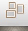 Vector realistic wooden photo frames hanging on wall in room woth parquet floor - template