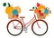 Vector red bicycle, wood crate and basket with pumpkins and fall leaves