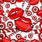 Vector red, bright pink womans lips seamless pattern. Cosmetics and makeup lips characters, kiss, half-open mouth, biting lip,