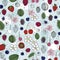 Vector Red Cherries, Strawberries, Rasberries, Blackberries, Blueberries and Flowers on Blue White Background Seamless