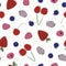 Vector Red Cherries, Strawberries, Rasberries, Blackberries and Blueberries on White Background Seamless Repeat Pattern