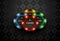 Vector red green blue yellow casino poker chip with luminous light elements. Black silk card suits background. Blackjack online