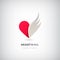 Vector red heart half logo with wing. Abstract icon concept, freedom, love, support