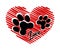 Vector red heart shape stencil love symbol with pets cats or dogs footprints paws.