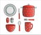 Vector red polka dot pot, bowl, mug, dinner ware. Kitchen tool icons isolated on white background. Cartoon style cooking equipment