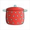 Vector red polka dot pot. Kitchen tool icon isolated on white background. Cartoon style cooking equipment. Crockery vector