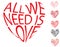 Vector red text heart shape all we need is love. Envelope distort text typography style. Valentine day vector heart symbol shape