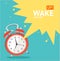 Vector red wakeup clock card. Flat Design