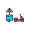 Vector refrigerator scooter food truck flat color line icon.