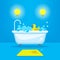 Vector relax in bathroom concept background. Bathtub with bubbles and rubber duck